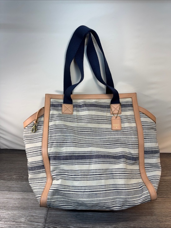 Fossil Handbags - Fossil Striped Canvas Tote with Tan Trim and Navy Handles